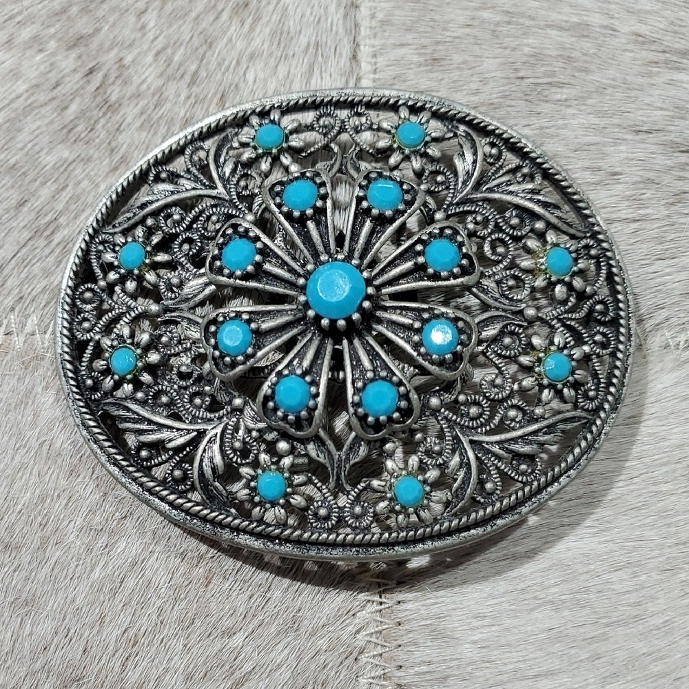 Western Silver and Turquoise Ornate Belt Buckle Rodeo Cowgirl Country Thunder